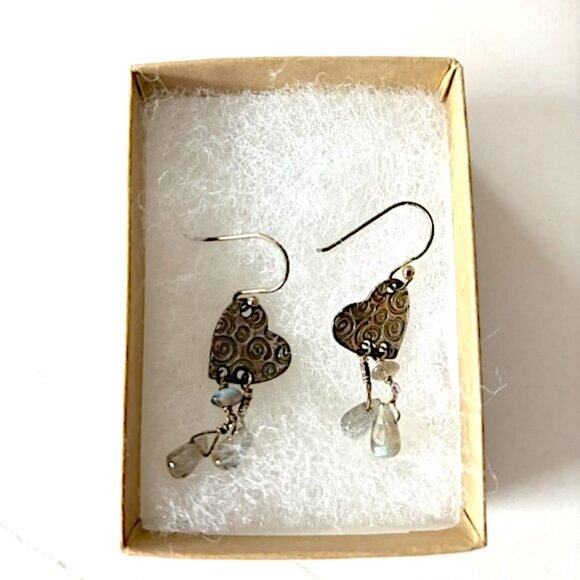 Handmade Earrings Silver Heart with Dangling Tiny Polished Stones - Picture 3 of 6